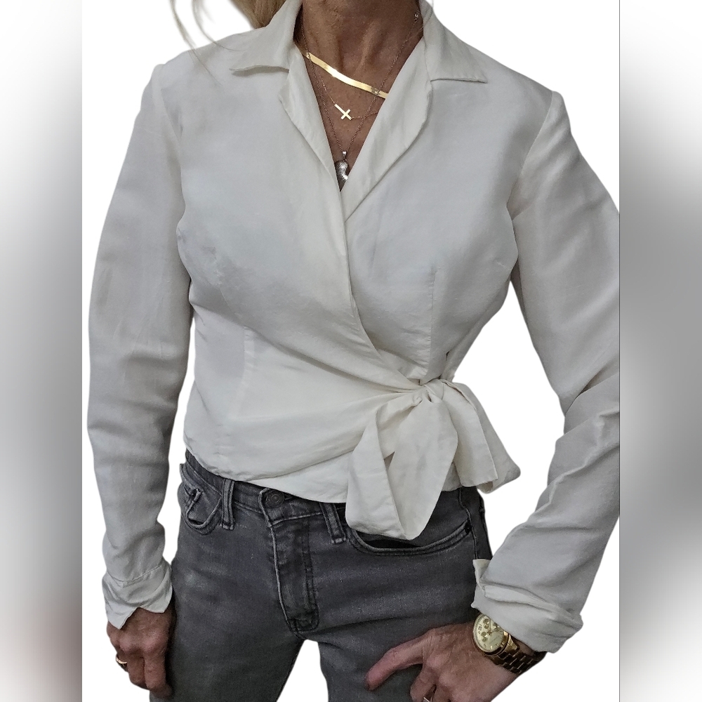 Vintage Allison Taylor 100% Silk Wrap Blouse Ivory Tie Front Quiet Luxury 90s